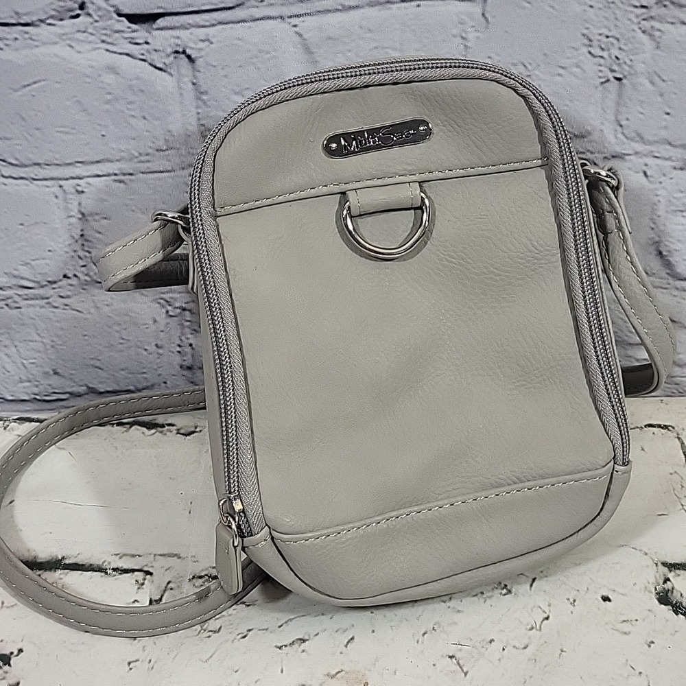 MultiSac Crossbody Purse Gray Vegan Leather Double Pocket‎ Small Bag